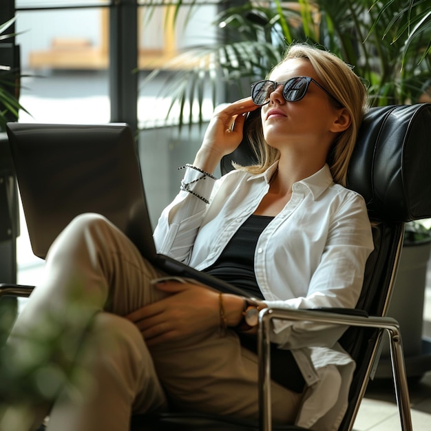 Kobieta biznesowa z laptopem odpoczywająca na krześle biurowym