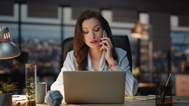 Kobieta biznesu mówiąca smartfonem w nocy miejsce pracy dzwoniąca dama robiąca notatki