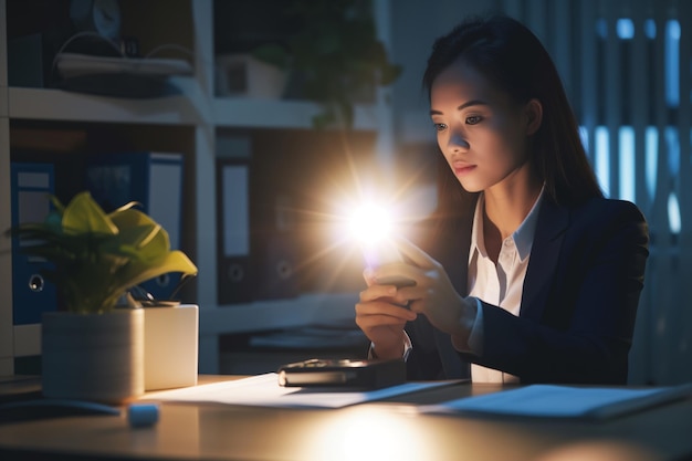 Kobieta biznesu oświetla biurko latarką smartfona