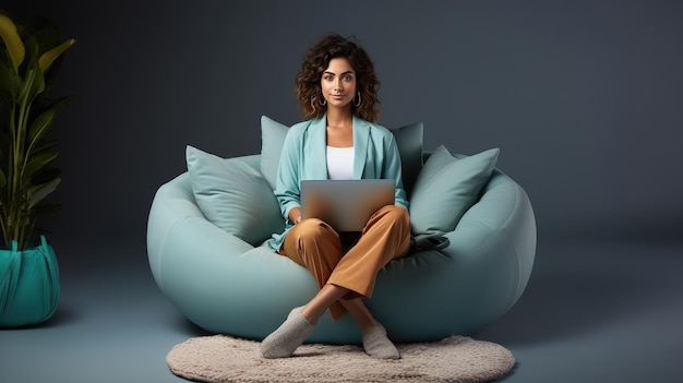 Kobieta biznesu siedzi na krześle i korzysta z urządzenia, netbook, komunikuje się online. Stworzono przy użyciu technologii Generative AI