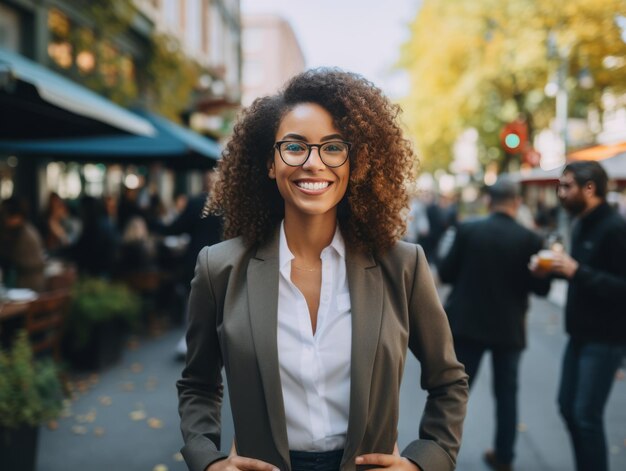 Kobieta biznesu stojąca na ulicy w wielkim mieście Młoda kobieta z uśmiechniętą twarzą
