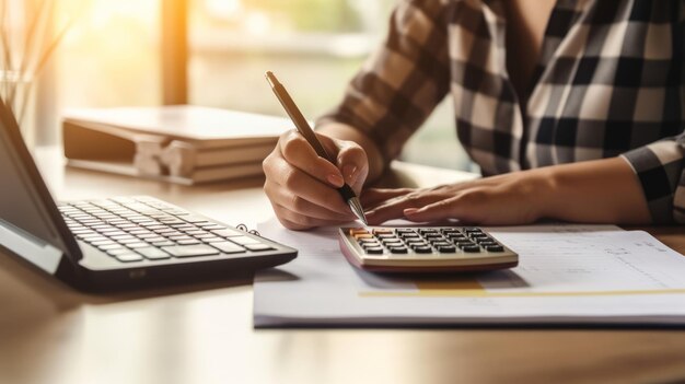 Kobieta biznesu używa kalkulatora do finansów matematycznych na drewnianym biurku w biurze