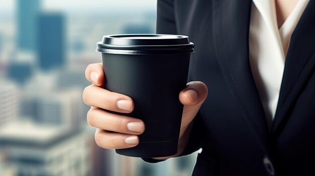 Zdjęcie kobieta biznesu z filiżanką kawy na zbliżonym zdjęciu
