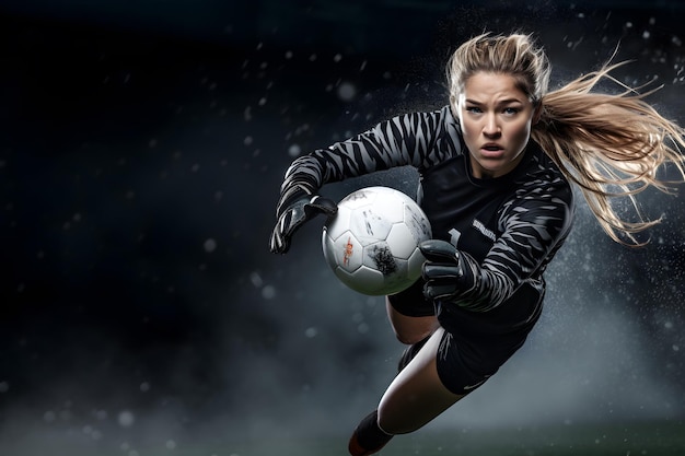 Kobieta bramkarz gra w piłkę nożną super bezpieczna w meczu piłki nożnej na ciemnym tle Lekkoatletka