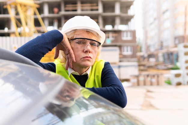 Kobieta budowlana na budowie przeprowadza inspekcję budynku
