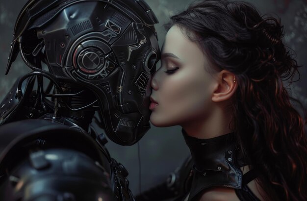 Kobieta całująca futurystycznego robota