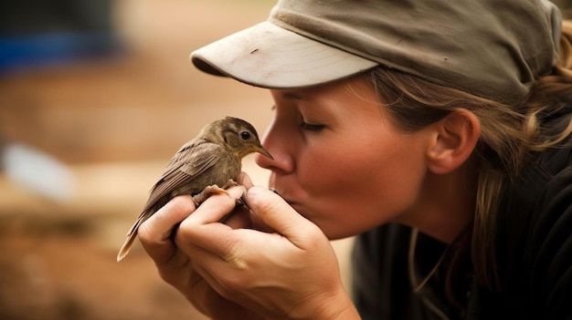 Zdjęcie kobieta całująca małego ptaka po odzyskaniu z ziemi, gdy spadł z gniazda