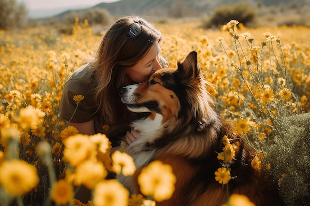Kobieta całuje psa na polu kwiatów