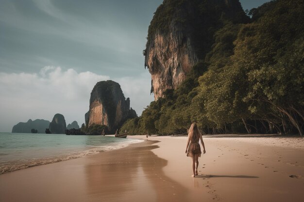 Zdjęcie kobieta chodząca po railay beach krabi w tajlandii