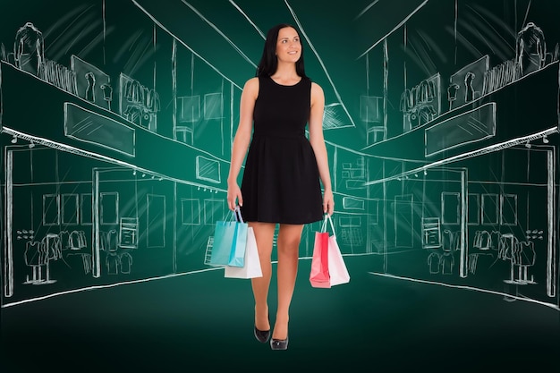 Kobieta chodząca z torbami na zakupy na zielonym tle z winietą
