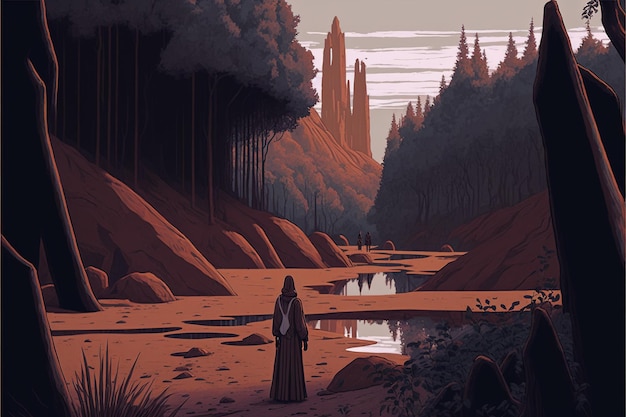 Kobieta chodzi po gałęzi nad strumieniem i patrzy na monolity w lesie ilustracja w stylu sztuki cyfrowej obraz fantasy koncepcja kobiety w lesie