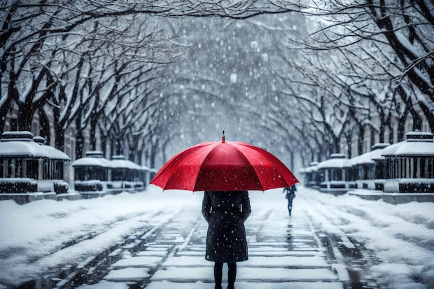 Kobieta chodzi po śniegu z parasolem.