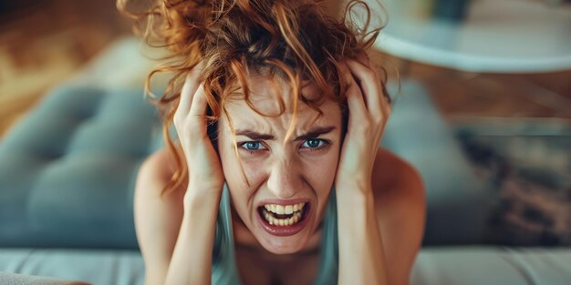 Zdjęcie kobieta cierpiąca emocjonalnie, wyrażająca cierpienie i rozpacz w środowisku domowym koncepcja rozpacz domowy emocjonalne cierpienie kobieta cierpiąc wewnętrzne zamieszanie w środowisku domu