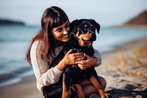 Kobieta ciesząca się letnim dniem na plaży ze swoim generatywnym ai rottweilera