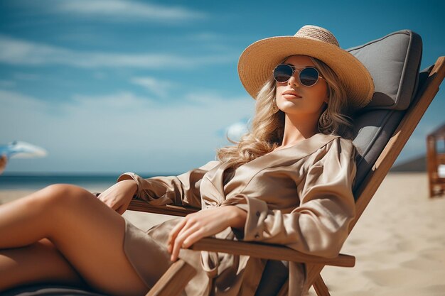 Zdjęcie kobieta ciesząca się relaksem na plaży latem