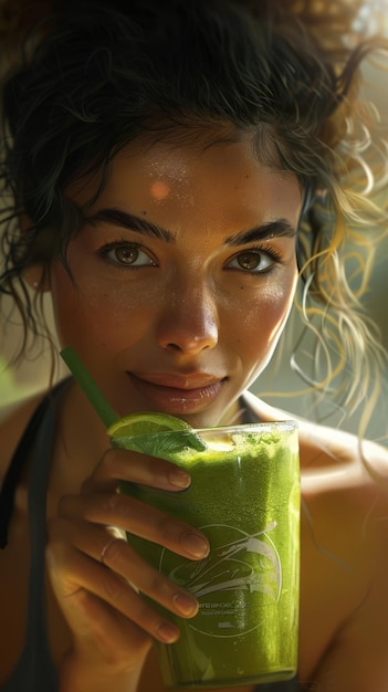 Zdjęcie kobieta ciesząca się świeżym zielonym smoothie koncepcją zdrowego stylu życia światło słoneczne żywy portret