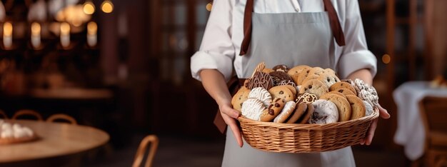 Zdjęcie kobieta cukiernik trzyma koszyk z różnymi pysznymi ciasteczkami banner miejsce do tekstu