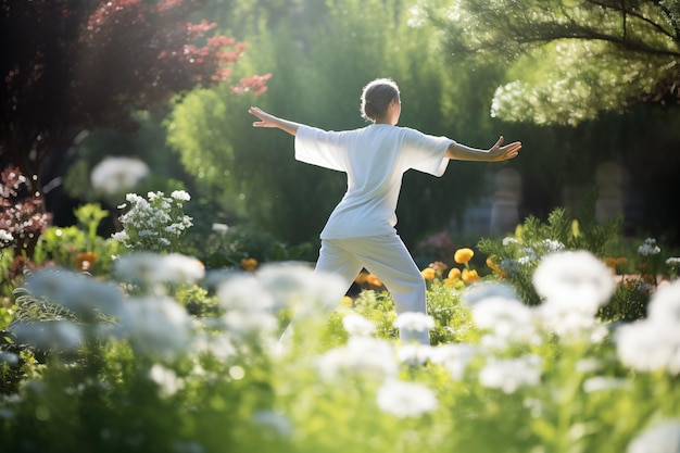 Kobieta ćwicząca tai chi w spokojnym ogrodzie Generatywna sztuczna inteligencja