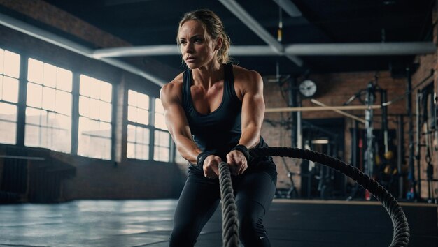 Kobieta ćwicząca z linami walki w siłowni, trening Crossfit