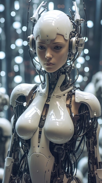 Kobieta cybernetyczna nosząca futurystyczne stroje