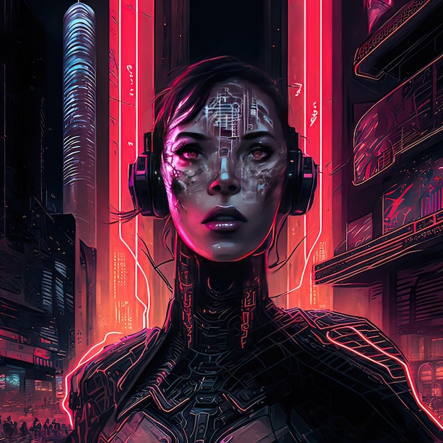 Kobieta cyborg scifi Scifi samuraj cyborg dziewczyna Młoda dziewczyna w futurystycznym kombinezonie pancernym na tle nocnego miasta Renderowanie 3D Malowanie ilustracji w stylu sztuki cyfrowej