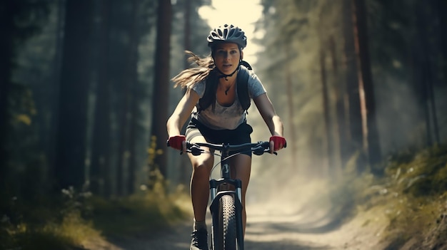 Kobieta cyklistka na rowerze na asfaltowej drodze