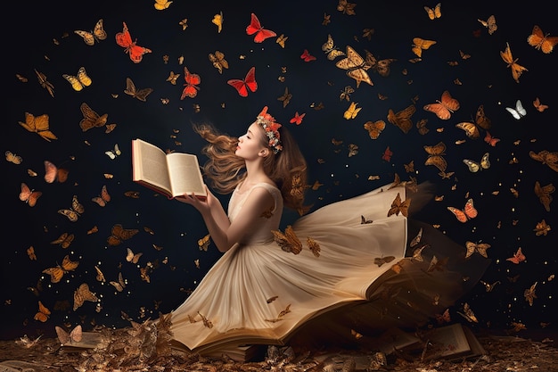 Kobieta czyta książkę, a wokół niej latają motyle.