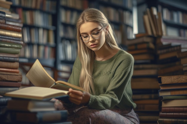 Kobieta czyta książkę w bibliotece.