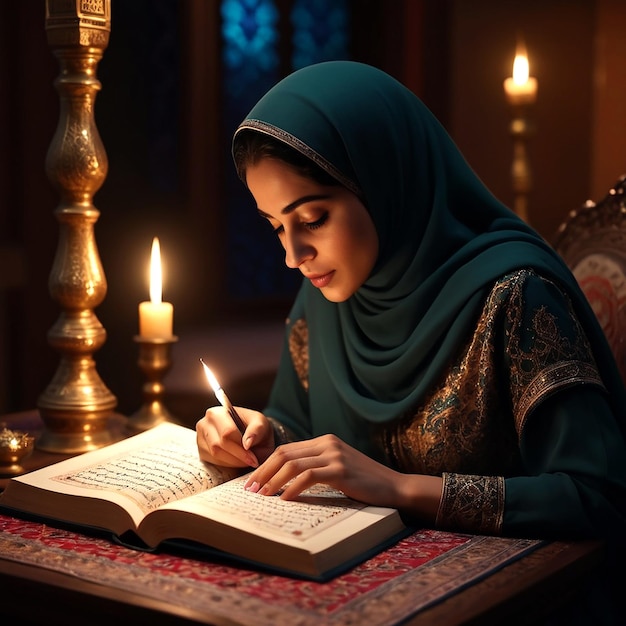 kobieta czyta książkę ze świecą na tle