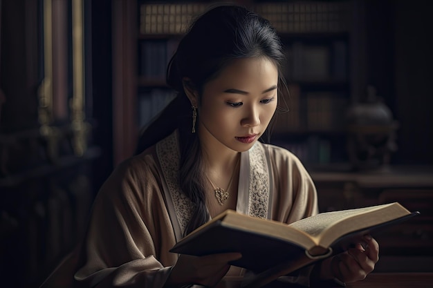 Kobieta czytająca książkę w ciemnym pokoju