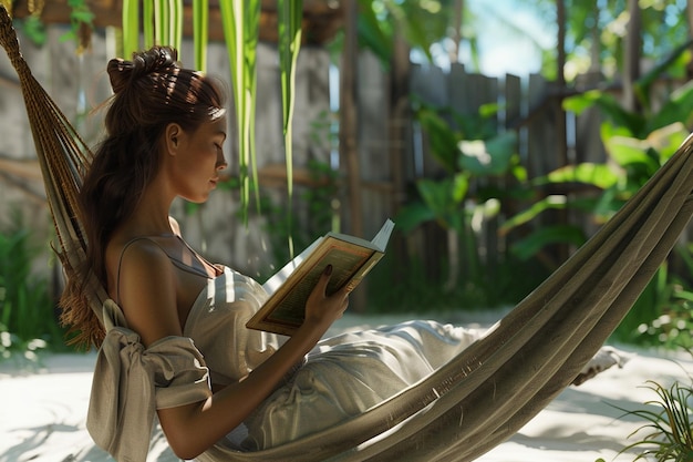 Kobieta czytająca książkę w hamaku