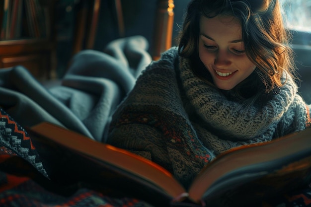 Zdjęcie kobieta czytająca książkę z dużym uśmiechem