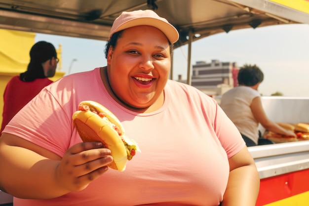 kobieta delektująca się hot dogiem, podkreślająca pokusę jedzenia fast foodów i satysfakcję, jaką może ono przynieść