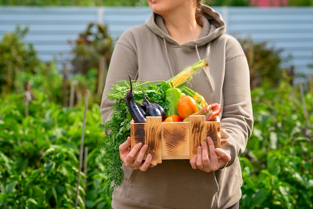 Kobieta Demonstruje Drewnianą Skrzynię Z Różnymi Warzywami Drewniane Pudełko Wypełnione świeżymi Warzywami
