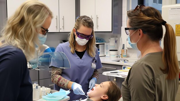 Kobieta dentystka w niebieskim mundurze i okularach ochronnych bada zęby młodego pacjenta, podczas gdy asystent dentystyczny stoi w pobliżu