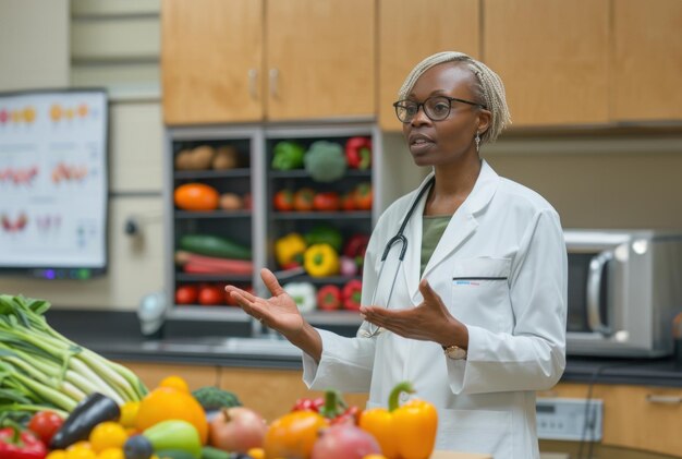 Kobieta dietetyk prezentująca seminarium o zdrowym odżywianiu Uśmiechnięta dietetyk przedstawiająca prezentację na temat zdrowego odżywiania z kolorowymi wykresami odżywczymi w tle Koncepcja zdrowia światowego