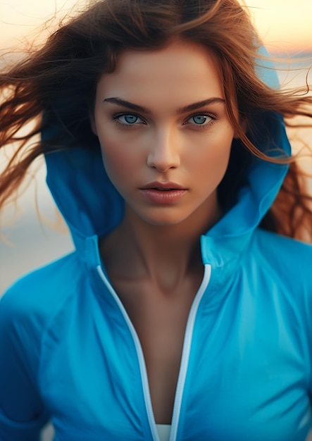 kobieta długie włosy niebieska kurtka plaża precyzyjna twarz ciało jasny błękitny idealny awatar burzliwa księżniczka