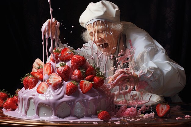 Zdjęcie kobieta dmucha truskawki, a ciasto jest pokryte truskawkami.