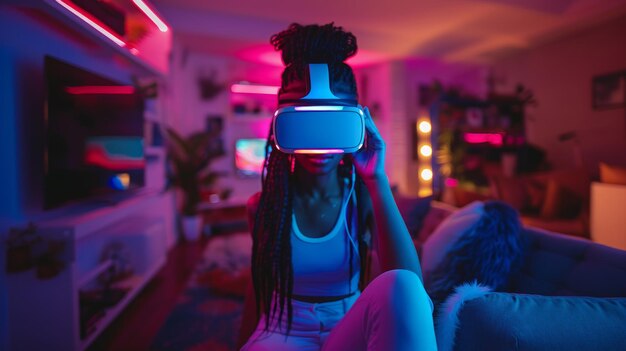 Kobieta doświadczająca wirtualnej rzeczywistości w kolorowym salonie