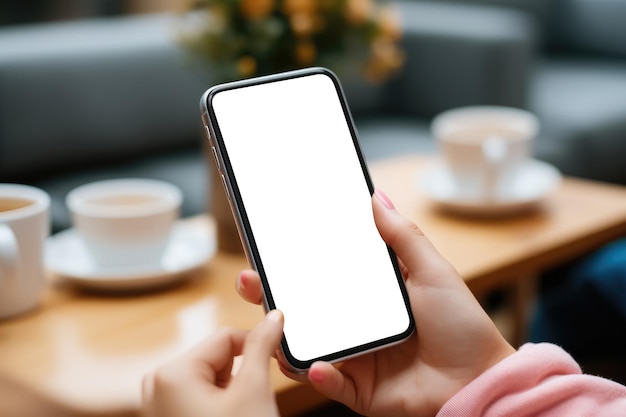 Kobieta dotyka ręką makiety pustego ekranu telefonu komórkowego w domu Pusty smartfon do reklamowania Utworzono za pomocą Generative AI