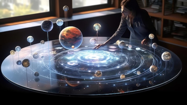 Kobieta dotyka stołu z planetami i gwiazdami.