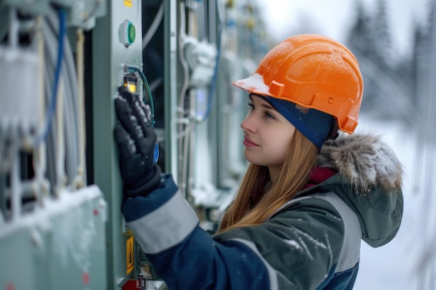 Kobieta elektryk naprawia transformator w zimnej zimie Naprawa transformatora Pracująca kobieta w kombinezonie i hełmie