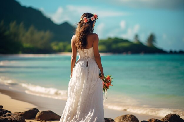 kobieta emanuje elegancją w luksusowej białej sukni ślubnej, stojąc na tropikalnej plaży
