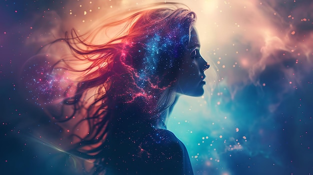 Kobieta eteryczna połączona z Kosmicznym Niebem Konceptualna Sztuka Fantasy Portret z żywymi kolorami Marzący i wyobraźniowy wizualny Doskonały do kreatywnych projektów AI