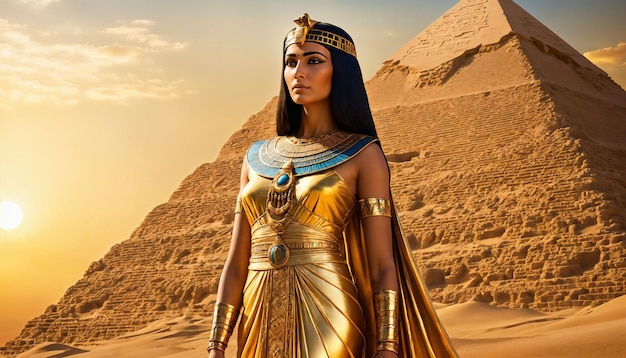 Kobieta Faraona, Kobieta Ubrana W Złoto, Stojąca Przed Dużą Piramidą, Nosi Czapkę I Koronę Generującą Sztuczną Inteligencję.