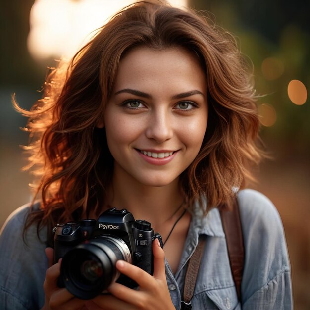 Zdjęcie kobieta fotograf z uśmiechniętą kamerą