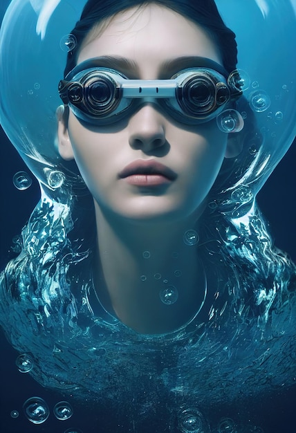 Kobieta freediver pozuje pod wodą Freedivingowe bąbelki powietrza i piękna kobieta render 3D