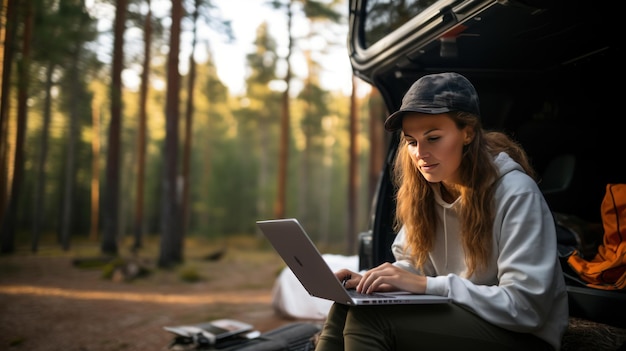 Zdjęcie kobieta freelancer siedzi na ziemi w lesie, pracując online na nowoczesnym laptopie na tle samochodu podróżnego