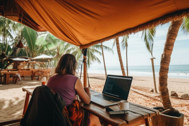 Kobieta freelancerka pracująca na laptopie i relaksująca się na plaży