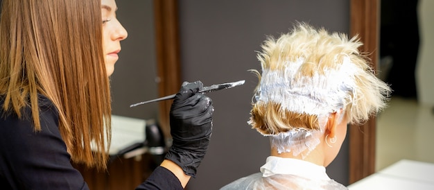 Kobieta Fryzjer Farbowanie Krótkie Blond Włosy Młodej Kobiety W Salonie Fryzjerskim